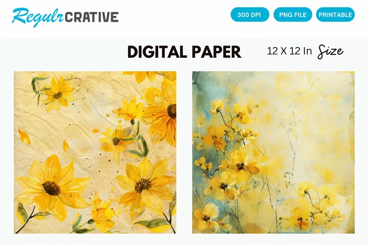 Watercolor Yellow Floral Digital Paper, Floral Background
