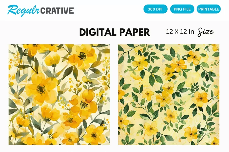 Watercolor Yellow Floral Digital Paper, Floral Background
