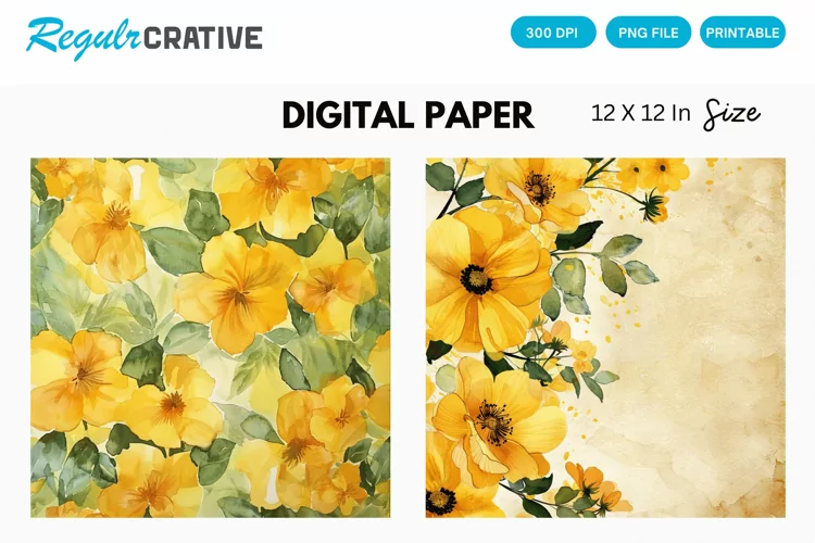 Watercolor Yellow Floral Digital Paper, Floral Background