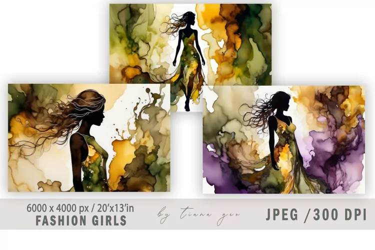Watercolor fashion girl illustration for posters - 3 jpgs