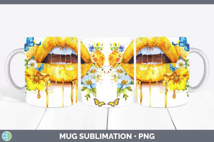 Watercolor Yellow Lips Mug Wrap Sublimation Coffee Cup Desig