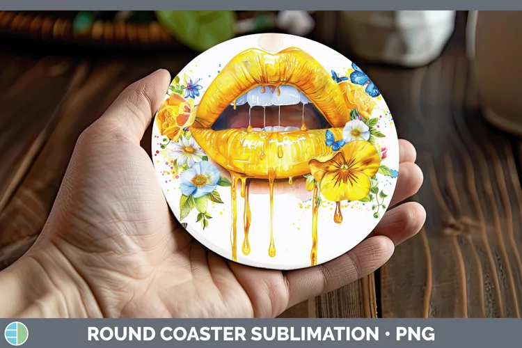 Watercolor Yellow Lips Round Coaster Sublimation Coaster Des