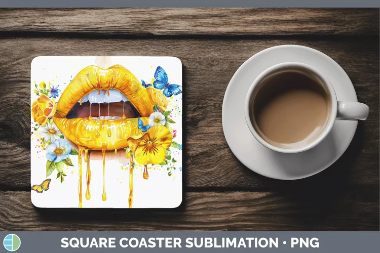 Watercolor Yellow Lips Square Coaster Sublimation Coaster De