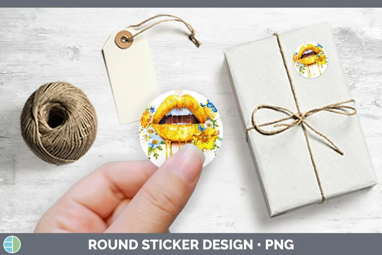 Watercolor Yellow Lips Stickers | Round Labels Designs