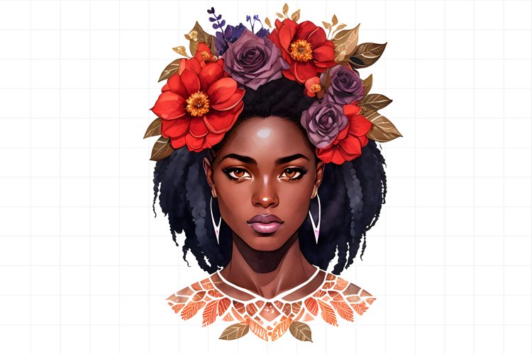 Watercolor dark skinned girl with vintage flowers