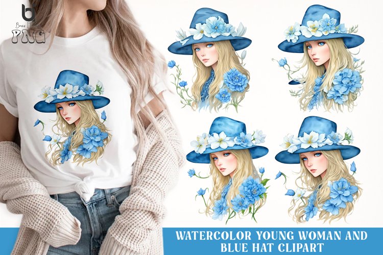 Watercolor Young Woman and Blue Hat Clipart, T-SHirt Design