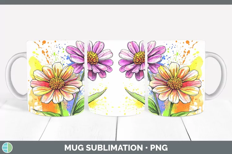 Watercolor Zinnia Mug Wrap Sublimation Coffee Cup Designs