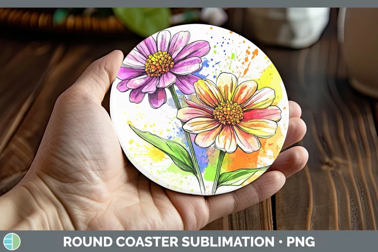 Watercolor Zinnia Round Coaster Sublimation Coaster Designs