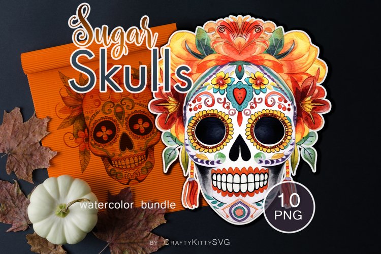 Sugar Skull PNG clipart, Watercolor Floral Skull sublimation example image 1