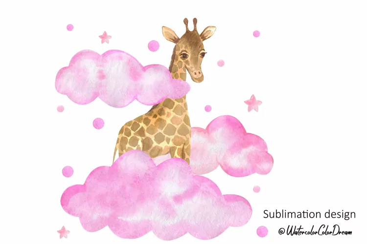 Baby giraffe in pink clouds sublimation design