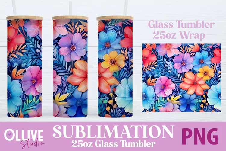 Watercolor Flowers 25oz Glass Tumbler Wrap Sublimation PNG
