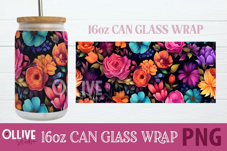Flowers Can Glass Sublimation Wrap PNG