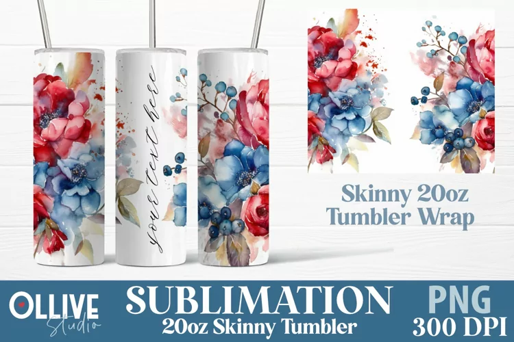 Watercolor Flowers Patriotic Tumbler Wrap Sublimation PNG