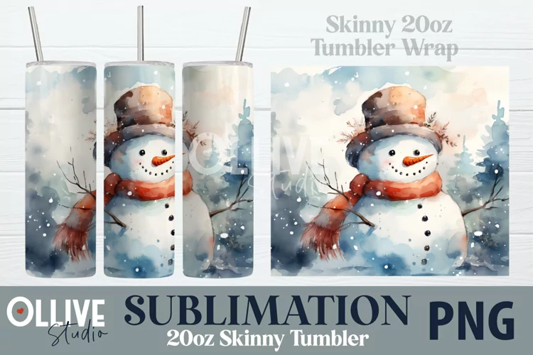 Watercolor Snowman Christmas 20oz Tumbler Wrap PNG
