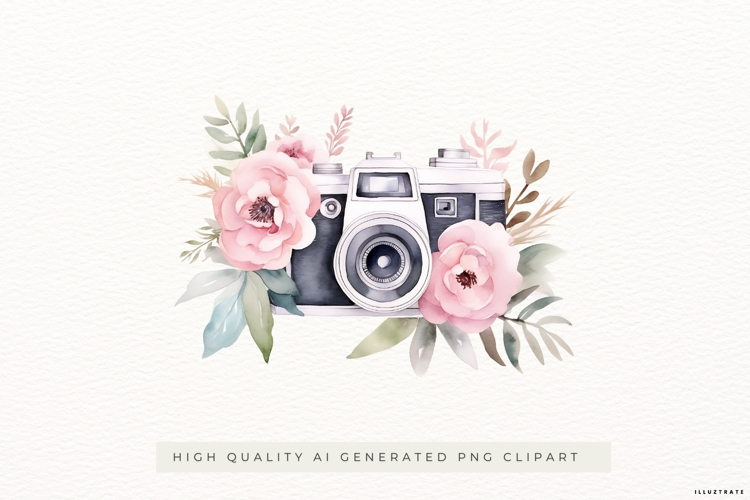 Vintage Camera with Pink Flowers PNG Clipart