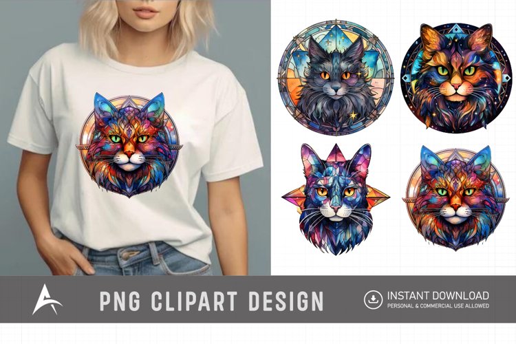 Watercolor Stained Glass Cosmic Cat Clipart