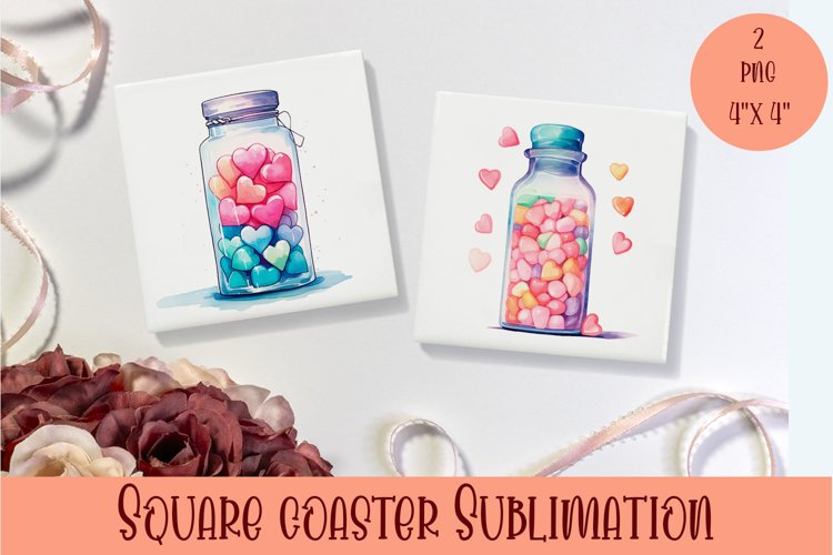Watercolor jar with little hearts Coasters Sublimation example image 1