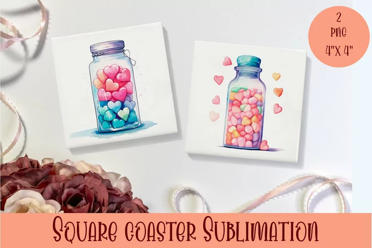 Watercolor jar with little hearts Coasters Sublimation