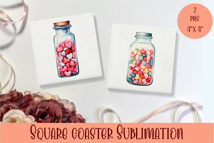Watercolor jar with little hearts Coasters Sublimation