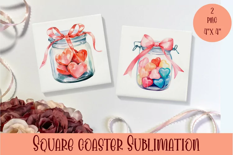 Watercolor jar with little hearts Coasters Sublimation