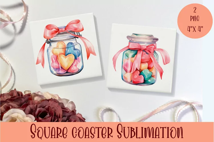 Watercolor jar with little hearts Coasters Sublimation
