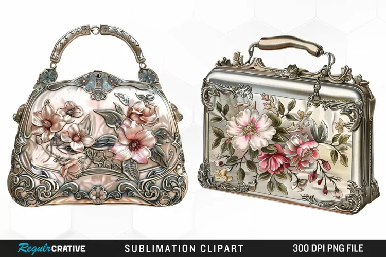 Watercolor Vintage Silver Handbag Clipart