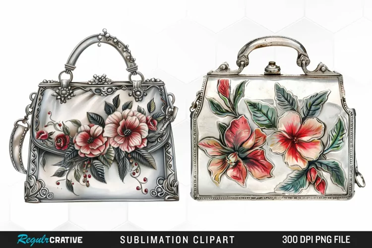 Watercolor Vintage Silver Handbag Clipart