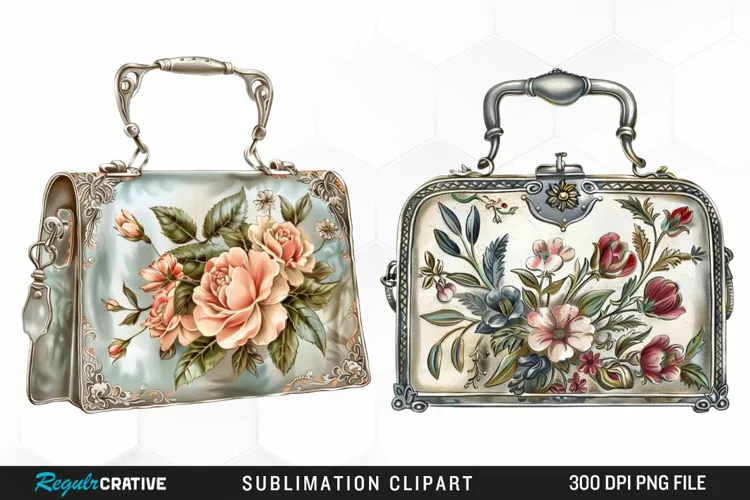 Watercolor Vintage Silver Handbag Clipart