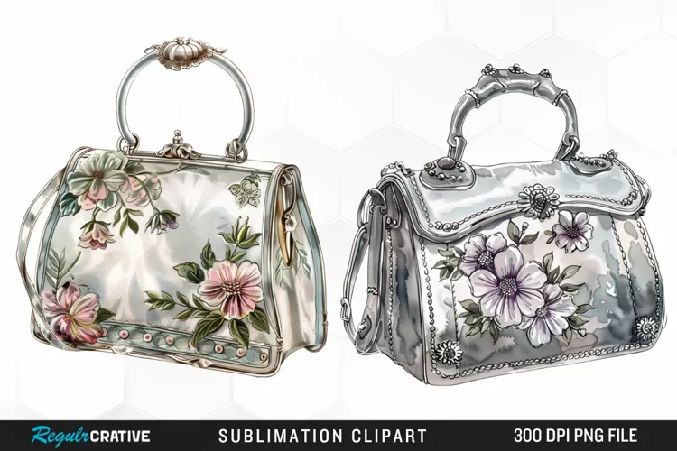 Watercolor Vintage Silver Handbag Clipart