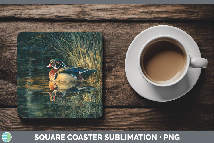 Wood Duck Waterfowl Sunset Square Coaster Sublimation Design