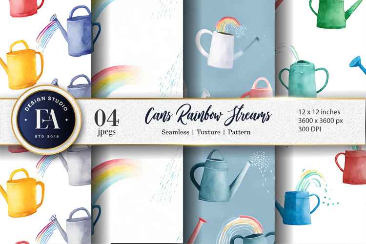 Watering Cans with Rainbow Streams Watercolor Digital Paper