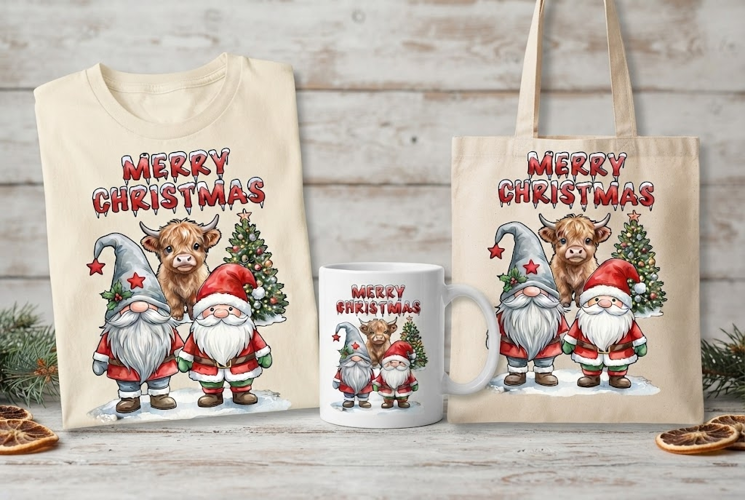 Merry Christmas Gnomes Highland Cow Tree Art Print