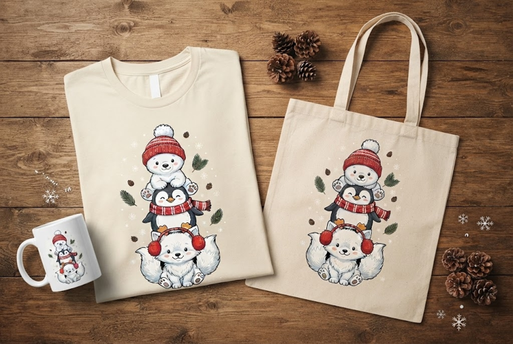 Cute Stacked Winter Animals Christmas Art Print Design