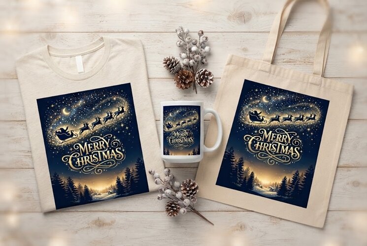 Santa Sleigh Reindeer Merry Christmas Starlight Print example image 1