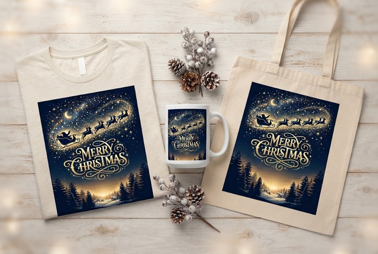 Santa Sleigh Reindeer Merry Christmas Starlight Print