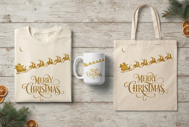 Golden Santa Sleigh Reindeer Merry Christmas Art Print