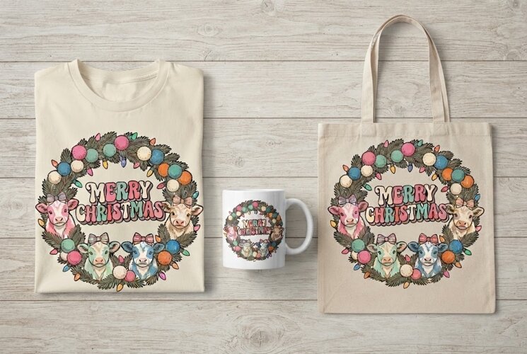 Retro Pastel Cows Wreath Merry Christmas Art Print example image 1