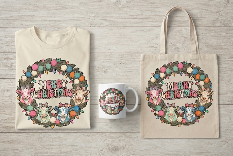 Retro Pastel Cows Wreath Merry Christmas Art Print
