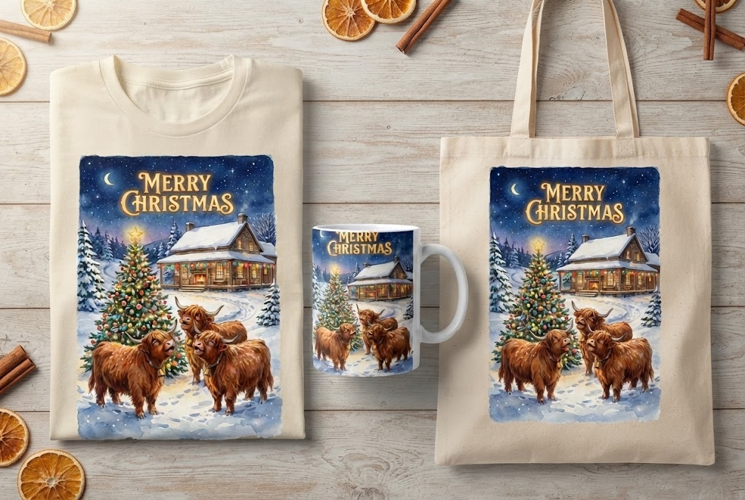 Watercolor Highland Cows Merry Christmas Cabin Art Print