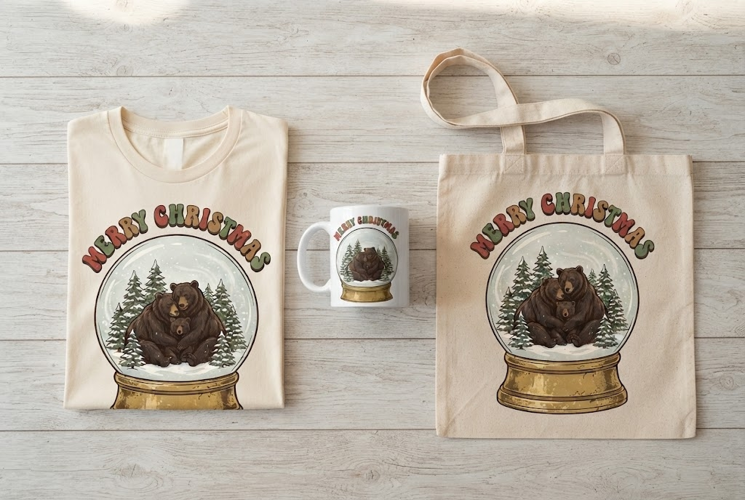Retro Bear Snow Globe Merry Christmas Family Art Print