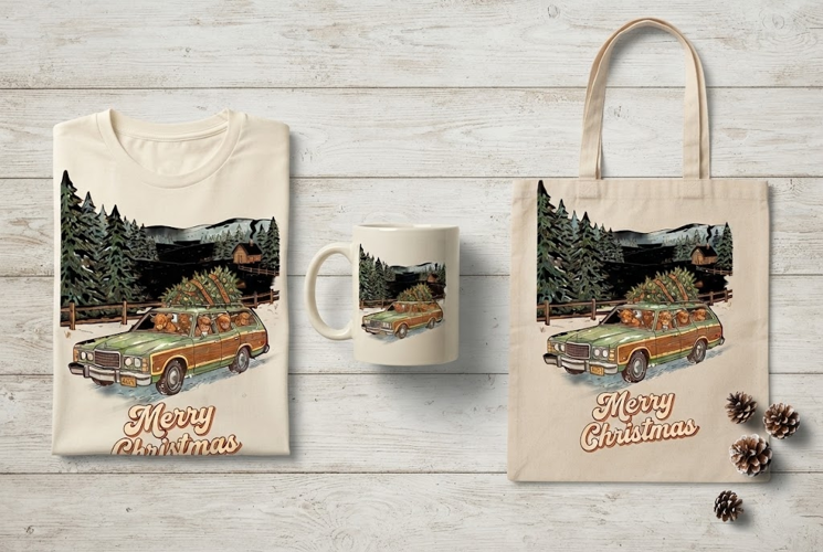 Retro Highland Cows Station Wagon Merry Christmas Art Print