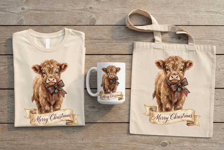 Watercolor Highland Cow Merry Christmas Plaid Bow Print