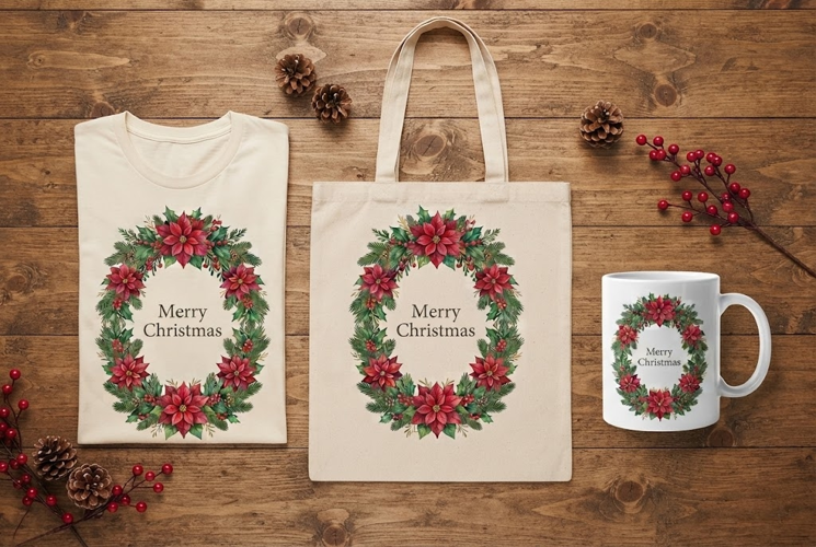 Watercolor Poinsettia Wreath Merry Christmas Art Print
