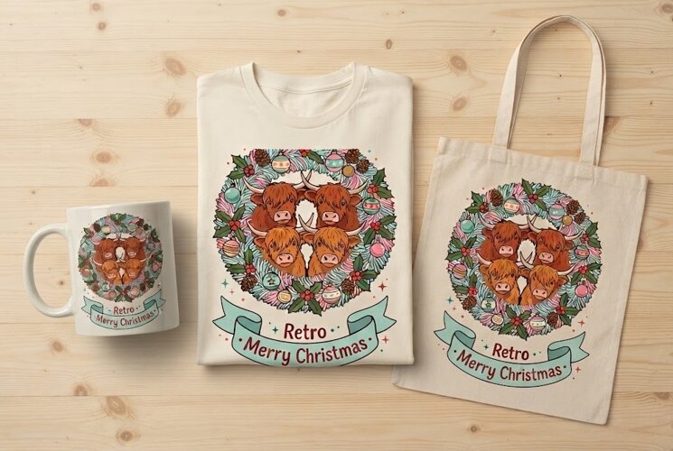 Retro Highland Cow Christmas Wreath Banner Art Print example image 1