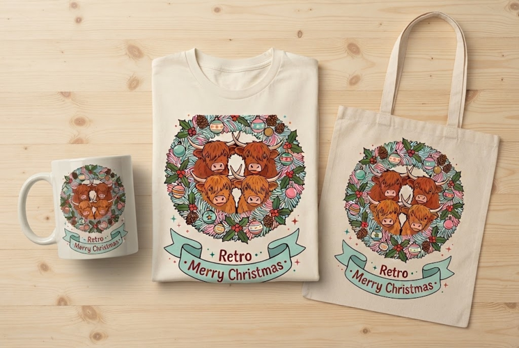 Retro Highland Cow Christmas Wreath Banner Art Print