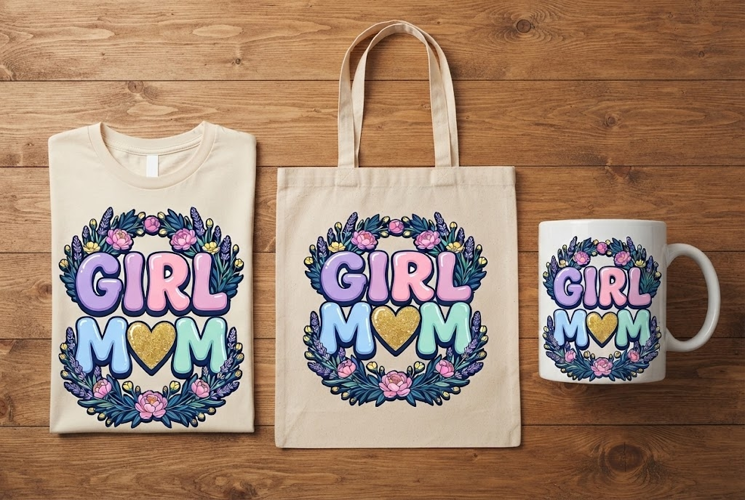 Girl Mom Pastel Floral Wreath Retro Bubble Font Art Print