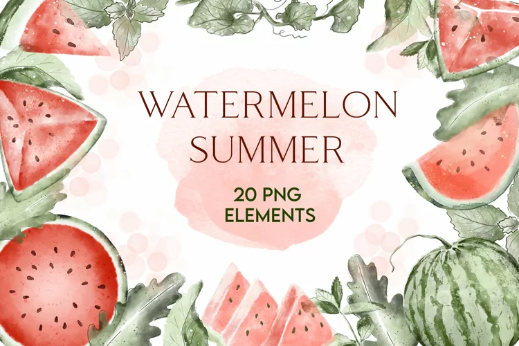 Watermelon summer Watercolor clipart png mint leaves
