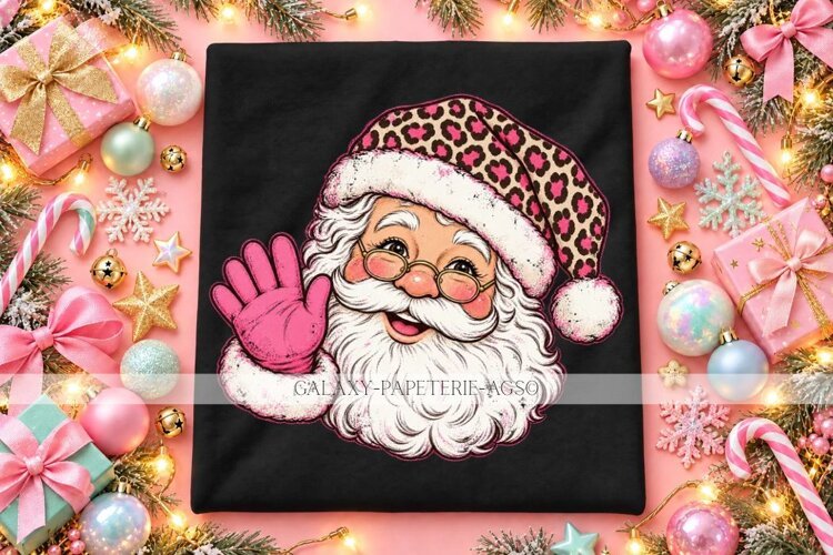 Waving Santa PNG with Pink Leopard Hat example image 1
