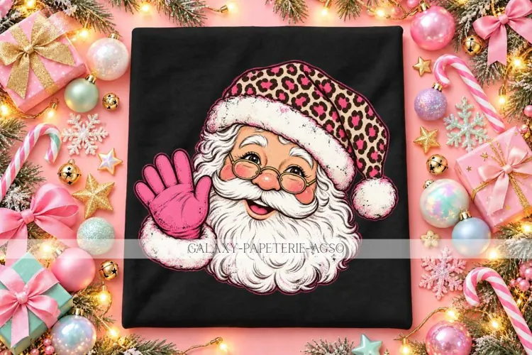 Waving Santa PNG with Pink Leopard Hat
