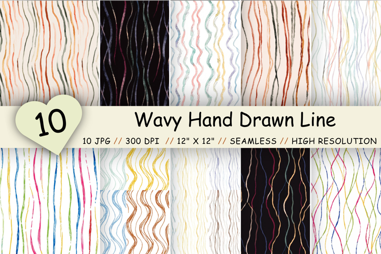 Wavy Hand Drawn Line Digital Paper, Seamless Watercolor